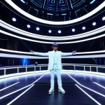 A captivating virtual idol, male or female, performing on a magnificent futuristic stage within a grand virtual concert hall. The idol is fully clothed in an elegant, professional, and modestly designed performance outfit with subtle futuristic elements. Dynamic, vibrant 3D visual effects, including swirling lights and holographic projections, surround the performer, creating an incredibly immersive XR experience. The stage design incorporates sleek, modern architectural elements, bathed in soft, ambient lighting. The atmosphere is electrifying. Perfect anatomy, correct proportions, natural pose, well-formed hands, proper finger count, natural body proportions. Safe for work, appropriate content, fully clothed, professional, family-friendly, high quality, professional photography.