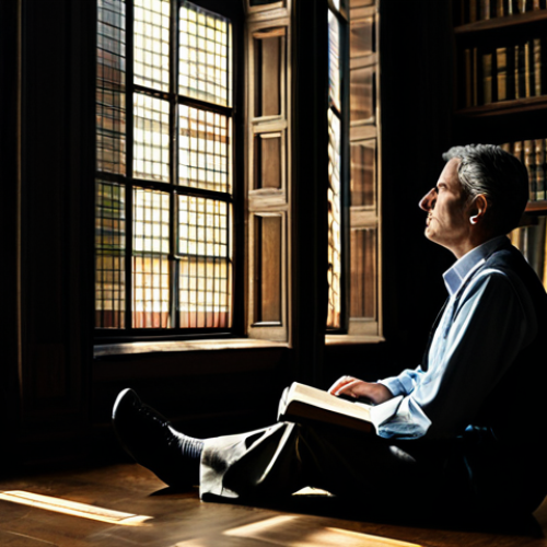 Home 7 An adult individual, fully clothed in modest, appropriate attire including a comfortable, professional top and trousers, sits contemplatively in a dimly lit, vintage library. Soft, diffused light enters through a large window, casting gentle shadows and highlighting the serene, introspective mood. The person is absorbed in thought, surrounded by tall wooden bookshelves filled with various books, evoking a sense of deep memory and philosophical contemplation. The atmosphere is quiet and reflective. Safe for work, appropriate content, fully clothed, modest clothing, family-friendly, perfect anatomy, correct proportions, natural pose, well-formed hands, proper finger count, natural body proportions, professional photography, high quality.