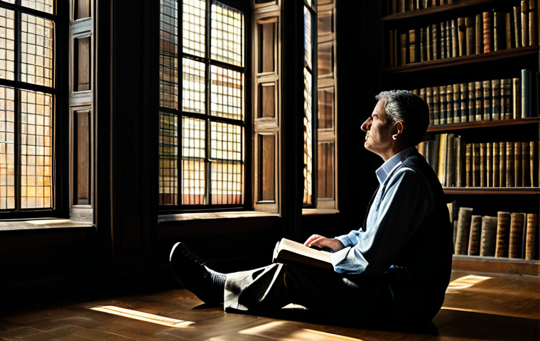 An adult individual, fully clothed in modest, appropriate attire including a comfortable, professional top and trousers, sits contemplatively in a dimly lit, vintage library. Soft, diffused light enters through a large window, casting gentle shadows and highlighting the serene, introspective mood. The person is absorbed in thought, surrounded by tall wooden bookshelves filled with various books, evoking a sense of deep memory and philosophical contemplation. The atmosphere is quiet and reflective. Safe for work, appropriate content, fully clothed, modest clothing, family-friendly, perfect anatomy, correct proportions, natural pose, well-formed hands, proper finger count, natural body proportions, professional photography, high quality.