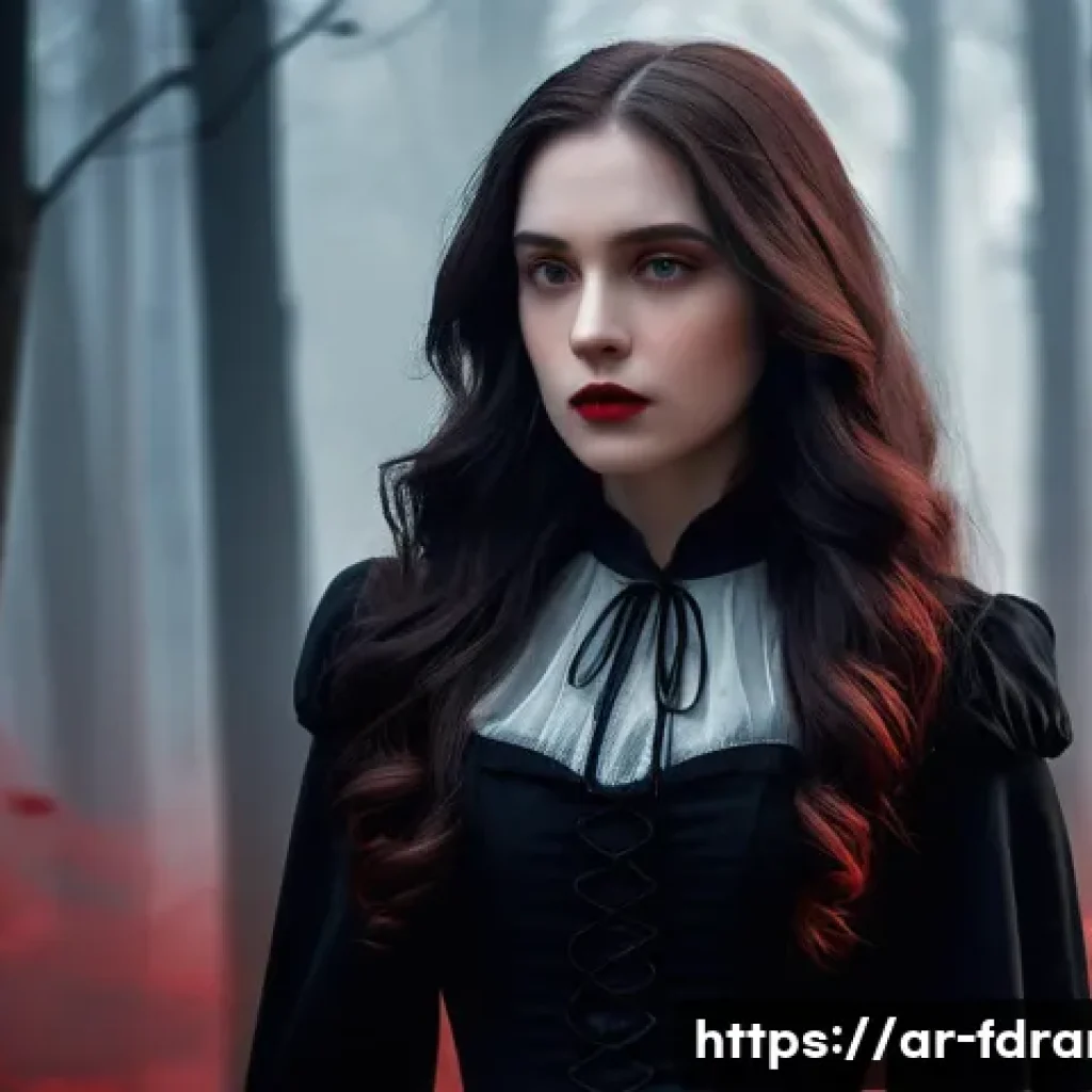 뱀파이어 다이어리 스토리 소개 - A dramatic vampire-themed scene set in a dark, mysterious forest at twilight, featuring a young woma...