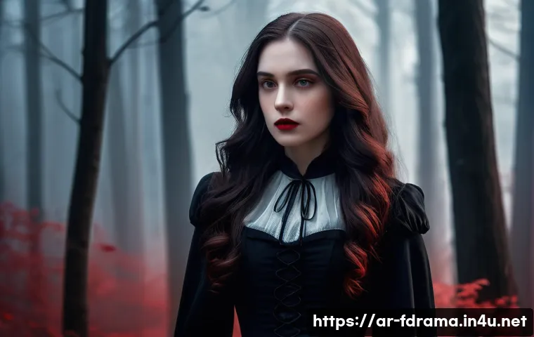 뱀파이어 다이어리 스토리 소개 - A dramatic vampire-themed scene set in a dark, mysterious forest at twilight, featuring a young woma...