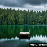Home 15 오자크 촬영지 정보 - A serene lakeside scene at Lake Lorrain surrounded by dense, lush green forests under a moody, overc...