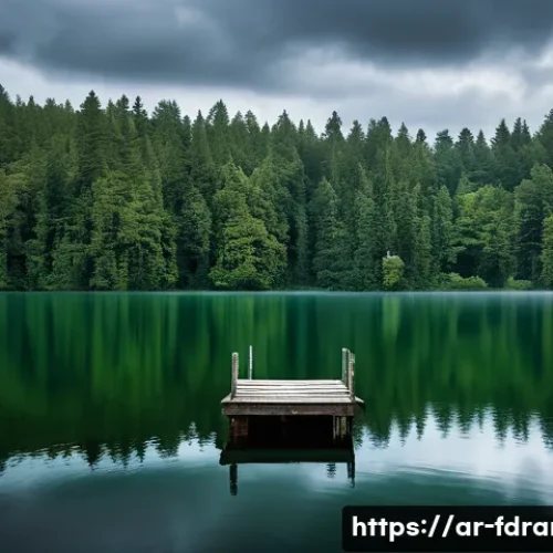 Home 27 오자크 촬영지 정보 - A serene lakeside scene at Lake Lorrain surrounded by dense, lush green forests under a moody, overc...