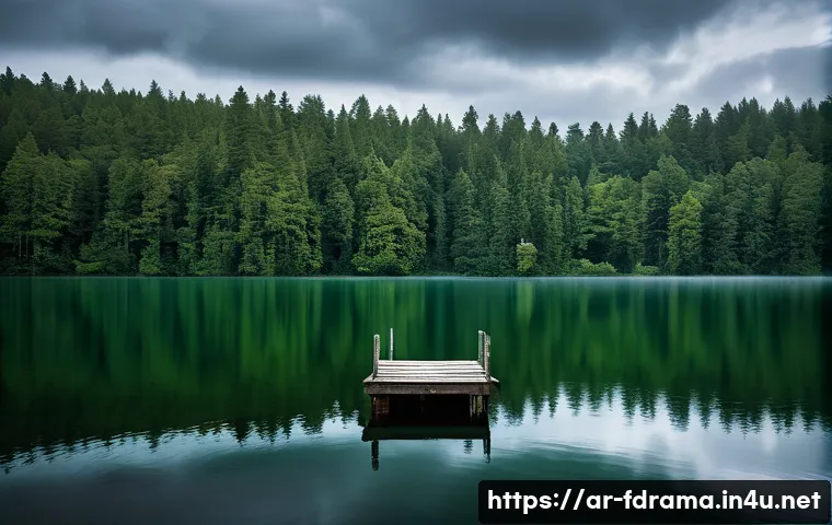 오자크 촬영지 정보 - A serene lakeside scene at Lake Lorrain surrounded by dense, lush green forests under a moody, overc...