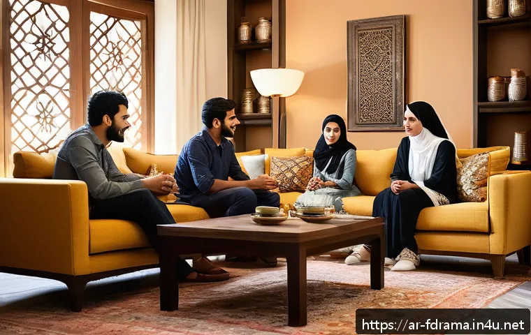더 페어 시청률 분석 - A warm and realistic scene from a Middle Eastern social drama set in a cozy family living room, feat...
